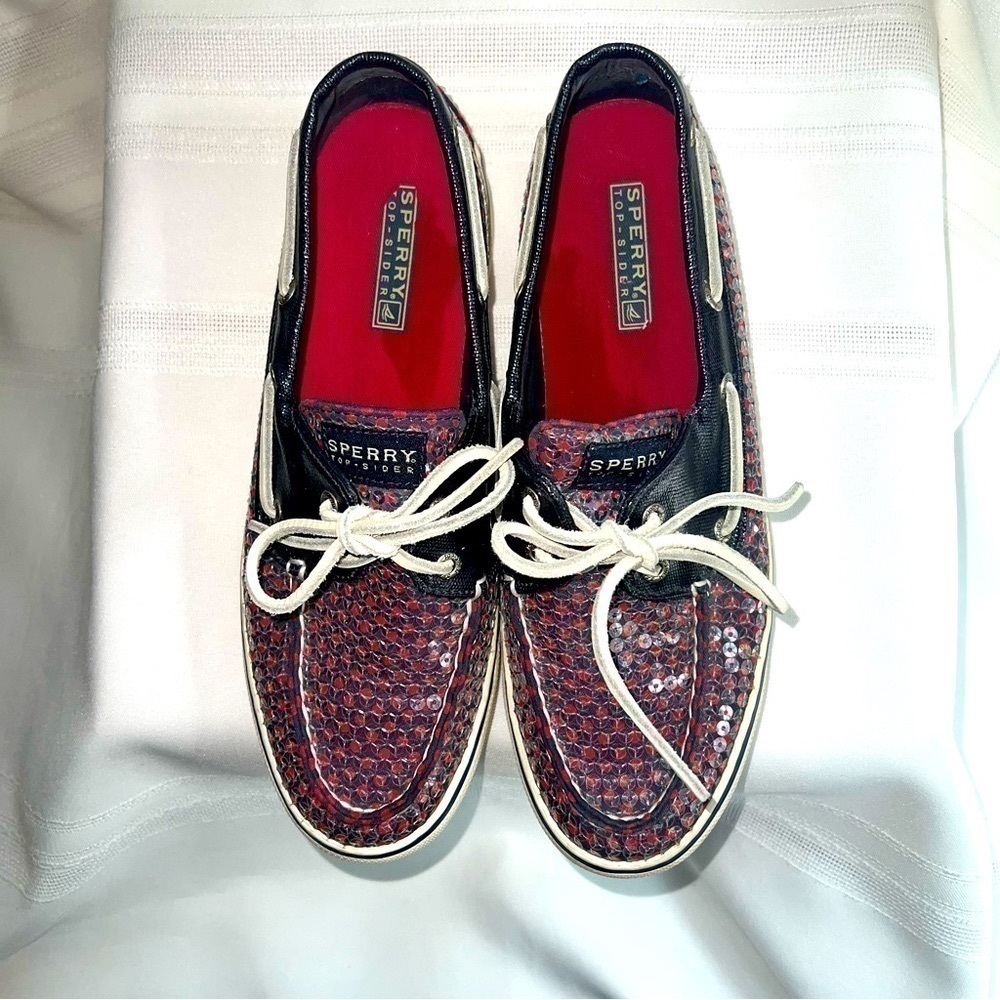 Sperry Top‎ Sider 2-eye Navy Red Polka Dots Clear Sequins Boat Shoes Sz 8 EUC - Picture 2 of 12